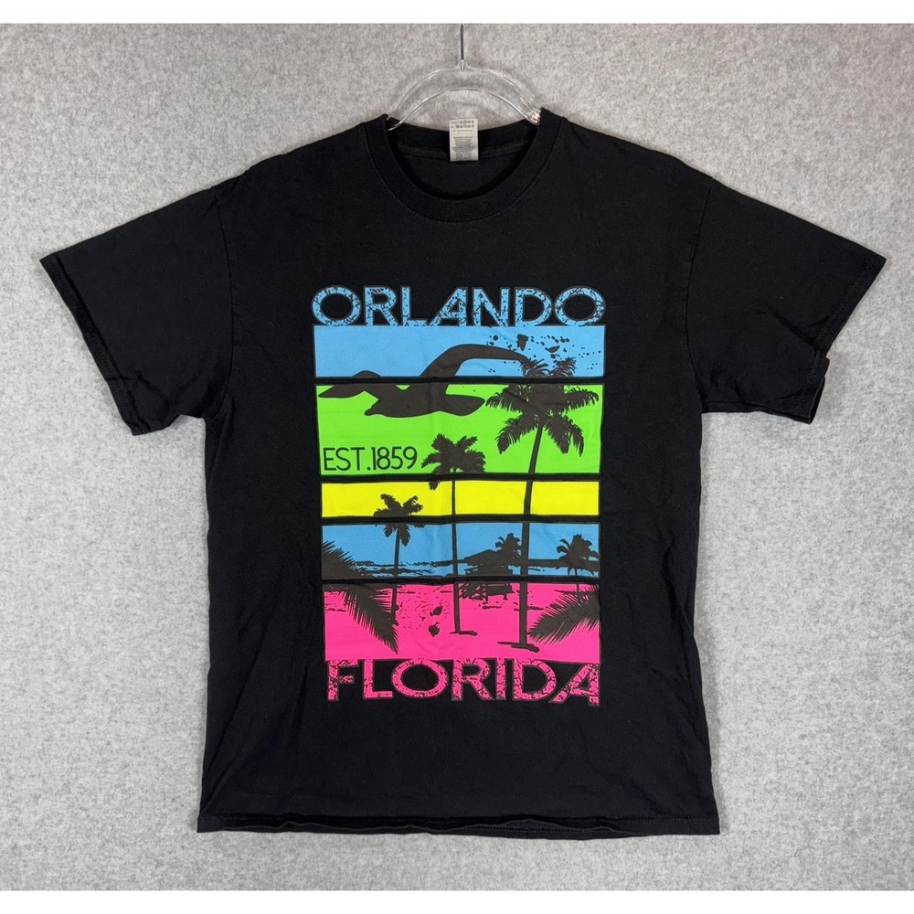 Orlando Florida Shirt Mens Medium Black Neon Palm Trees Beach Graphic Tee Cotton